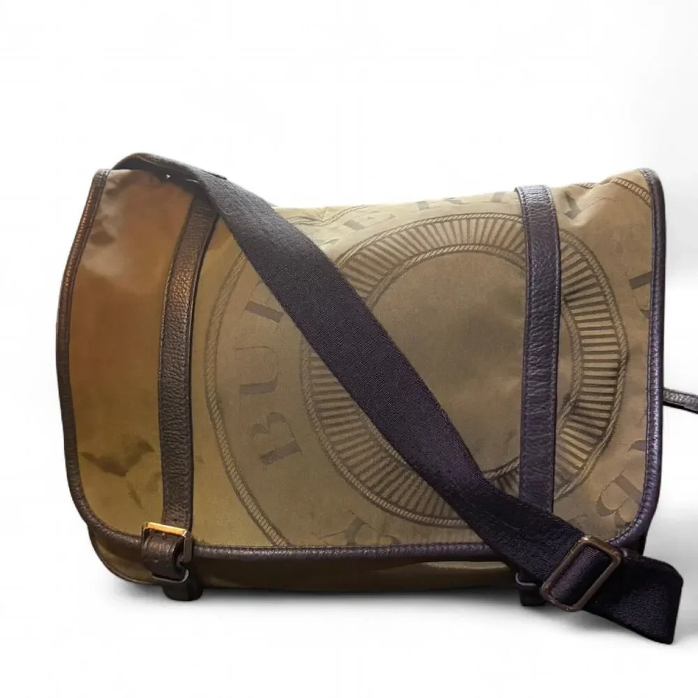 Burberry Logo Messenger Bag Olive Nylon Black Leather Trim Crossbody 17x14